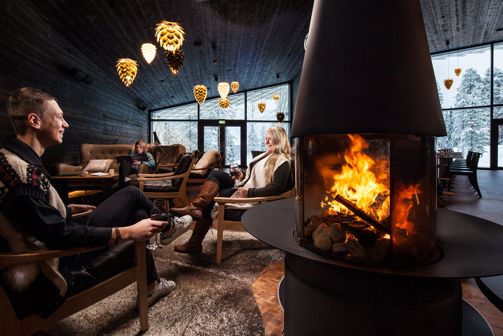 Arctic TreeHouse Hotel Lounge fireplace
