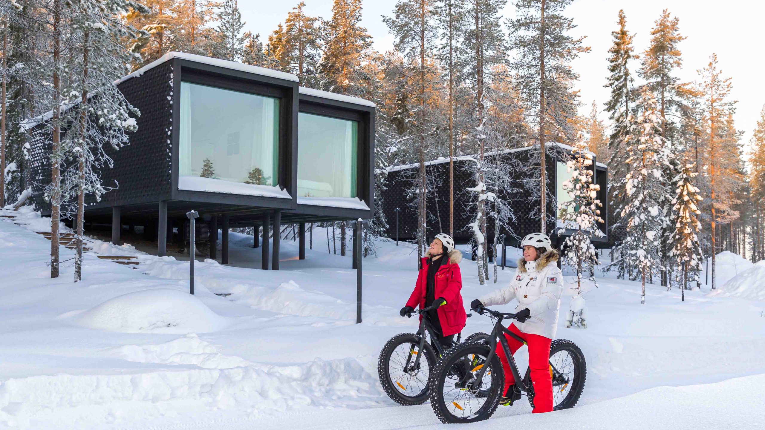Fat biking in Rovaniemi at Arctic TreeHouse Hotel in winter