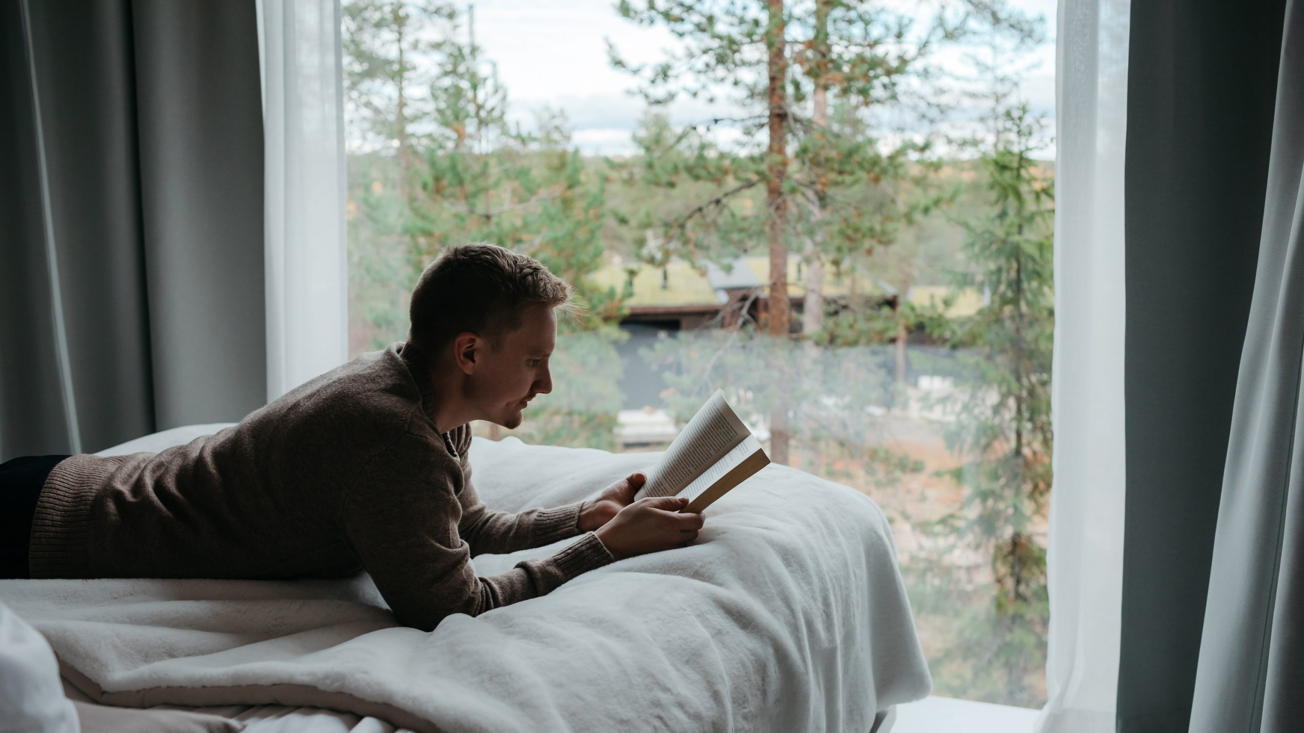 A man reading a book at the hotel suite with a view the autumn northern forest at The Arctic TreeHouse Hotel