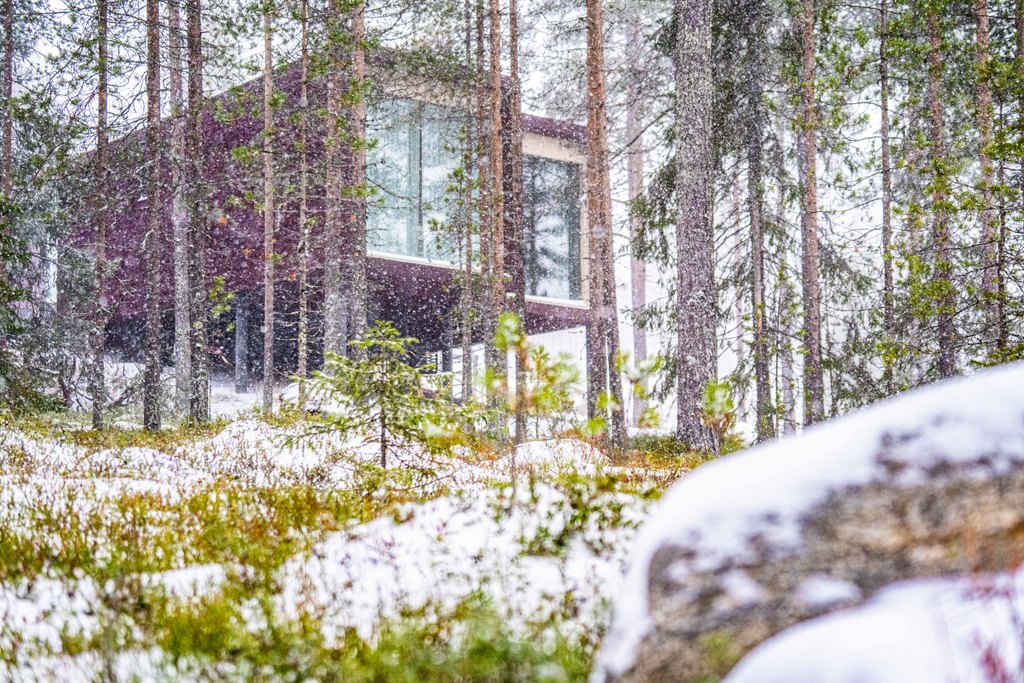 Arctic TreeHouse suites in the snowfall in Rovaniemi Finland.