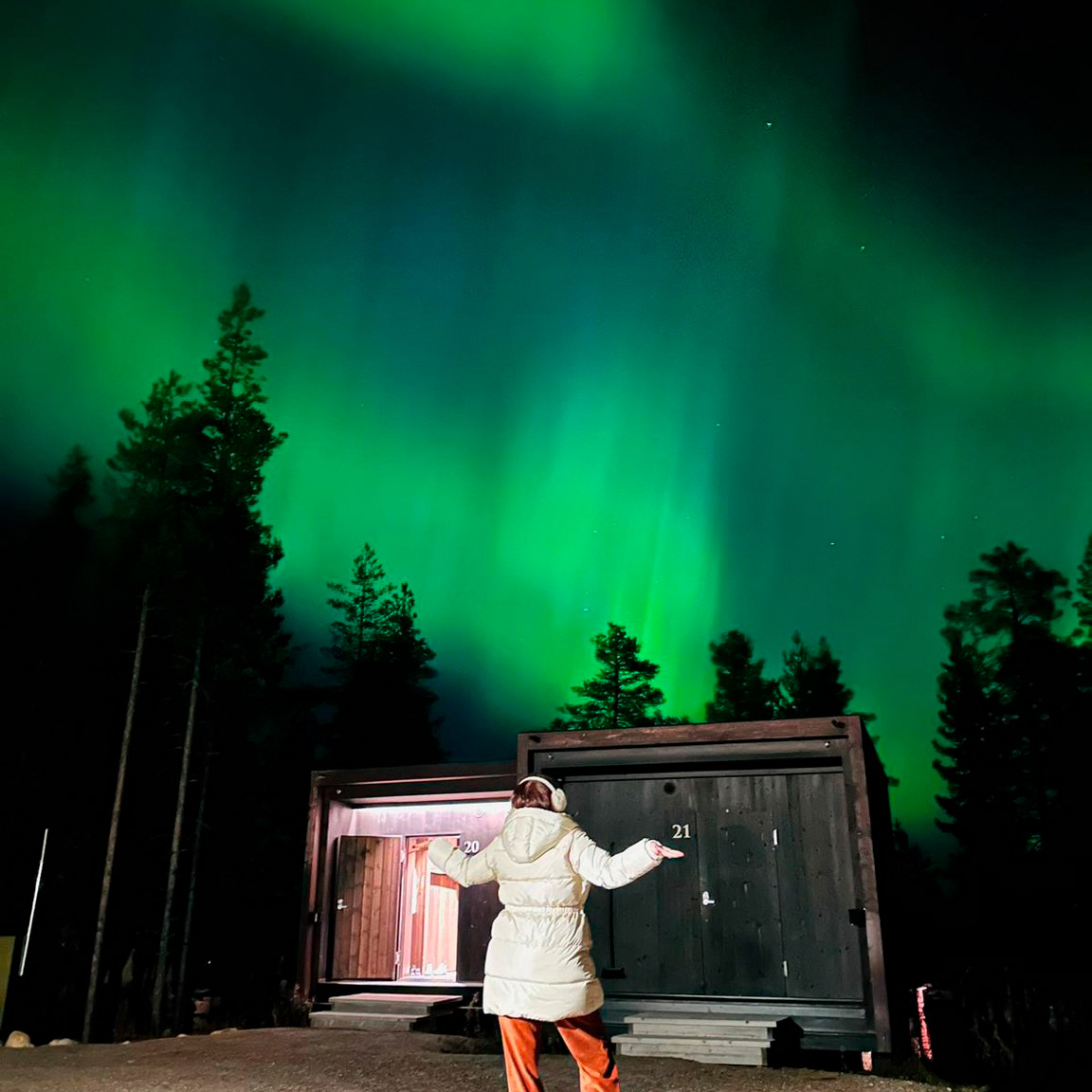 A guest enjoying the northern lights at Arctic TreeHouse Hotel in autumn.
