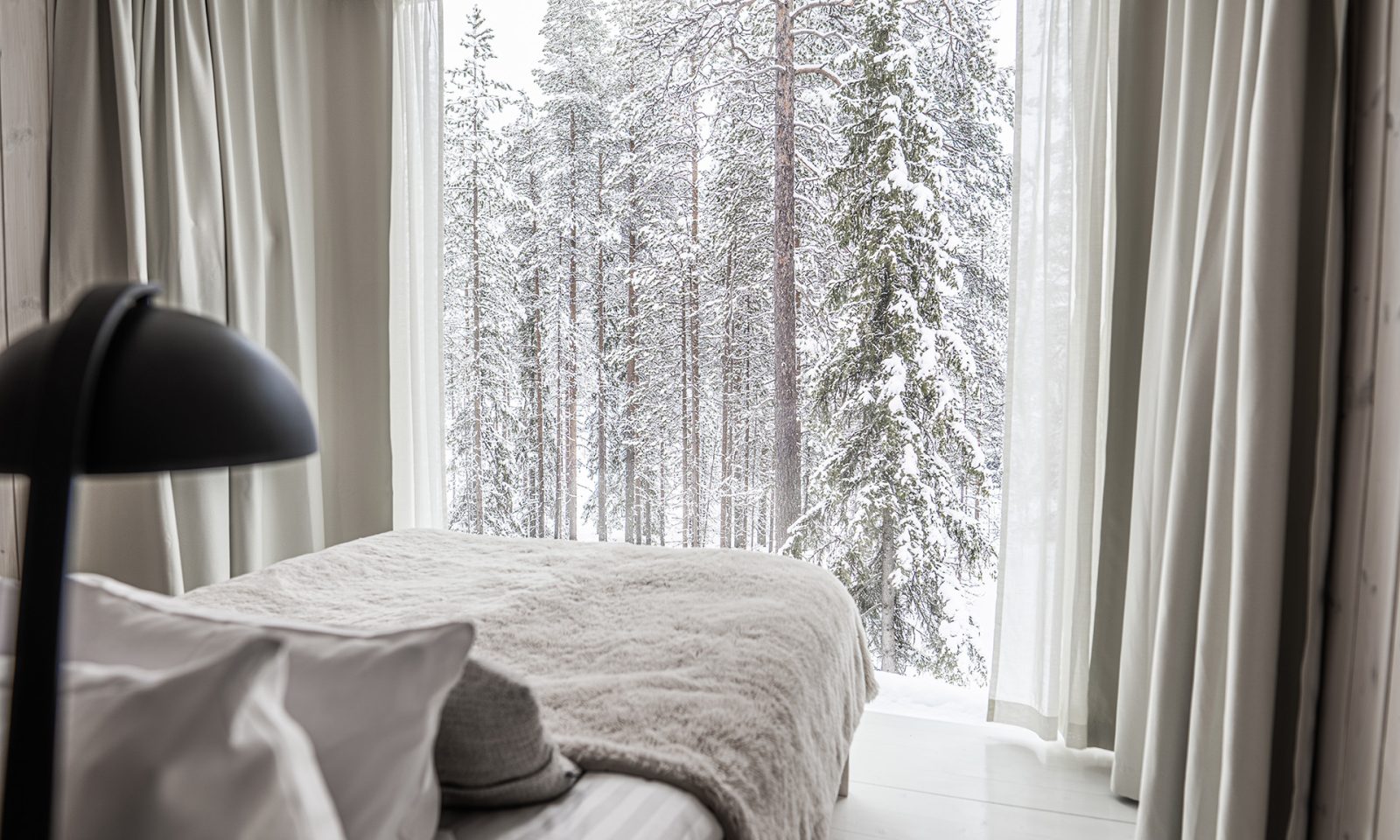 Arctic TreeHouse suiten parivuoden näkymällä pohjoiselle taivaalle ja lumiseen metsään.