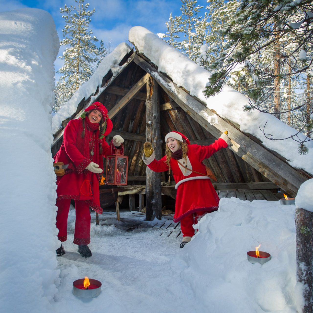 Elves in the snowy Santa Claus Secret Forest Joulukka, Rovaniemi, Arctic Circle, Finland.