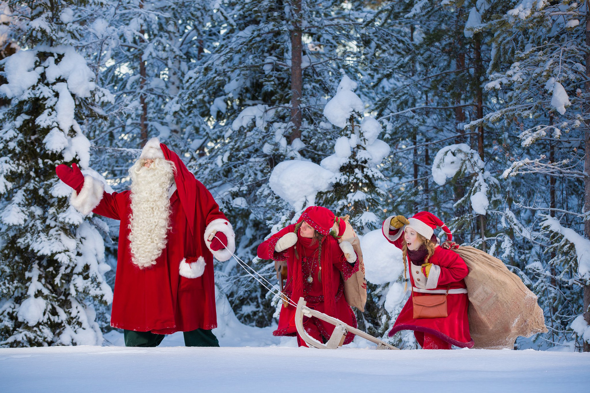 Santa Claus and Elves in the snowy Santa Claus Secret Forest - Joulukka, Rovaniemi, Arctic Circle.