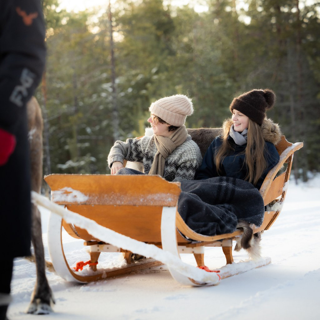 Reindeer sleigh ride in the reindeer park of Arctic TreeHouse Hotel.