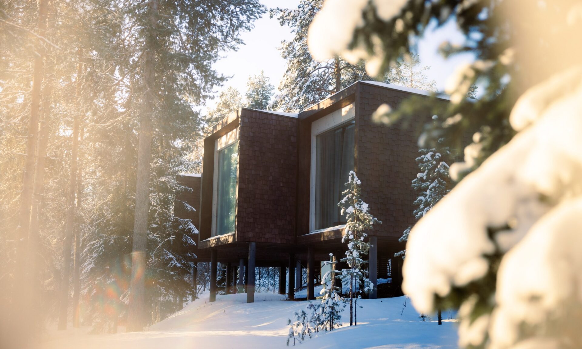 Iconic Arctic TreeHouse Suites in winter. Rovaniemi, Lapland, Finland.
